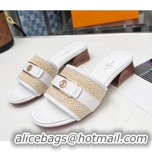 Duplicate Louis Vuitton Sienna Heel Slide Sandals 4cm in Raffia and Leather White 022455