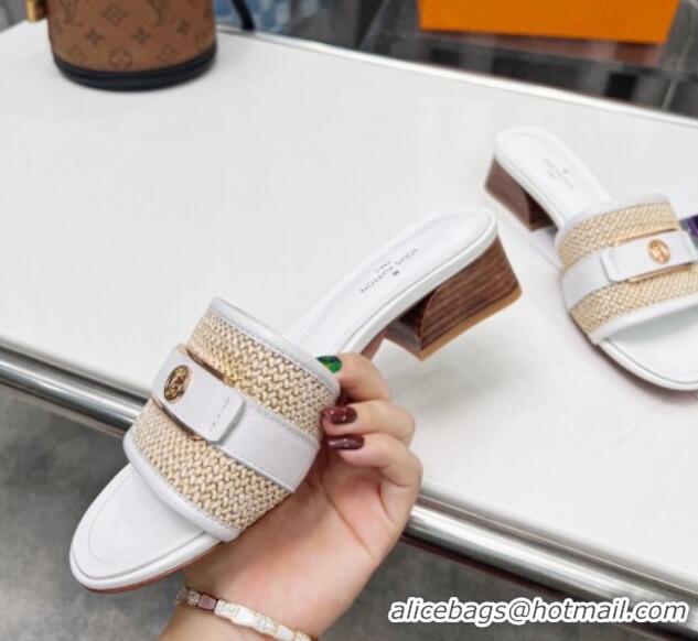 Duplicate Louis Vuitton Sienna Heel Slide Sandals 4cm in Raffia and Leather White 022455