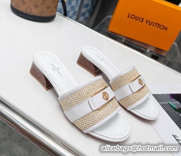 Duplicate Louis Vuitton Sienna Heel Slide Sandals 4cm in Raffia and Leather White 022455