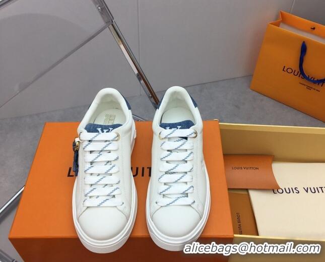 Stylish Louis Vuitton Time Out Sneaker in White Leather and Blue Denim with LV Charm 022874