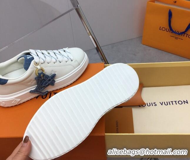 Stylish Louis Vuitton Time Out Sneaker in White Leather and Blue Denim with LV Charm 022874