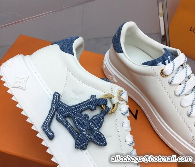 Stylish Louis Vuitton Time Out Sneaker in White Leather and Blue Denim with LV Charm 022874