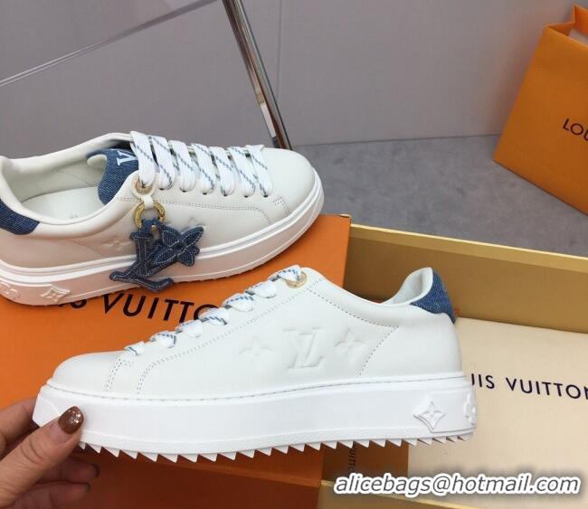 Stylish Louis Vuitton Time Out Sneaker in White Leather and Blue Denim with LV Charm 022874