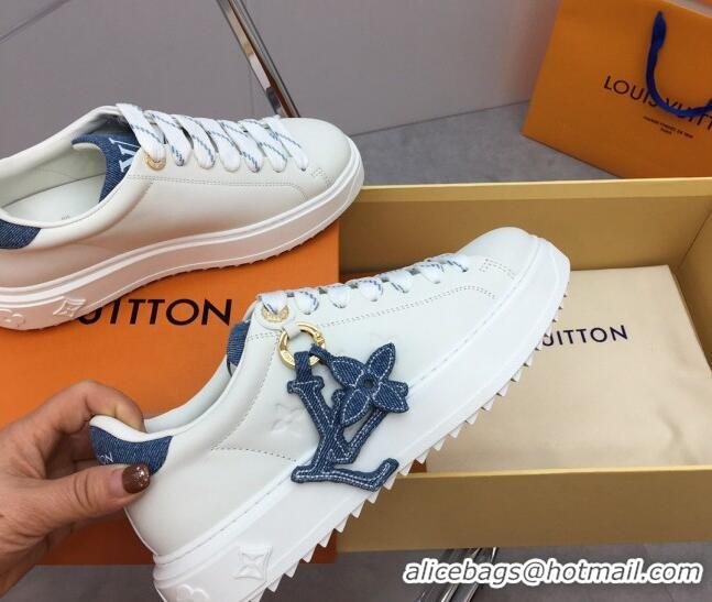 Stylish Louis Vuitton Time Out Sneaker in White Leather and Blue Denim with LV Charm 022874