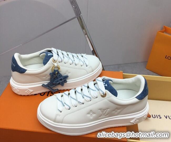 Stylish Louis Vuitton Time Out Sneaker in White Leather and Blue Denim with LV Charm 022874