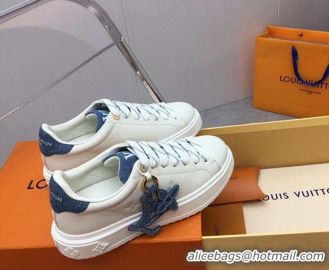 Stylish Louis Vuitton Time Out Sneaker in White Leather and Blue Denim with LV Charm 022874