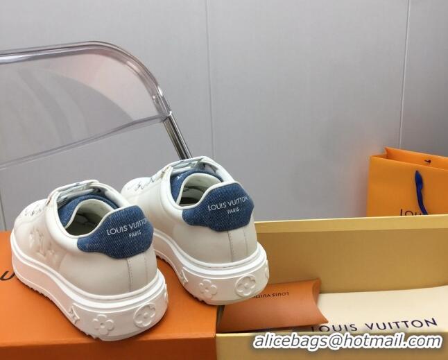 Stylish Louis Vuitton Time Out Sneaker in White Leather and Blue Denim with LV Charm 022874