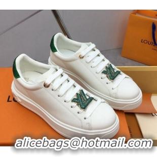 Good Looking Louis Vuitton Time Out Sneaker in White Leather with LV Charm and Crystals Green 3022878