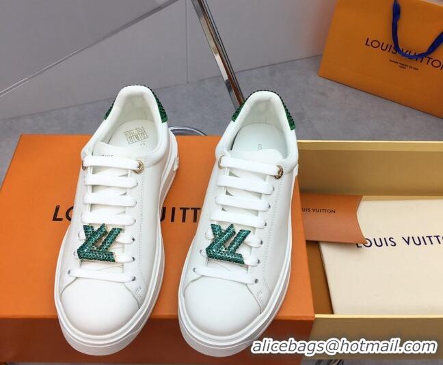 Good Looking Louis Vuitton Time Out Sneaker in White Leather with LV Charm and Crystals Green 3022878