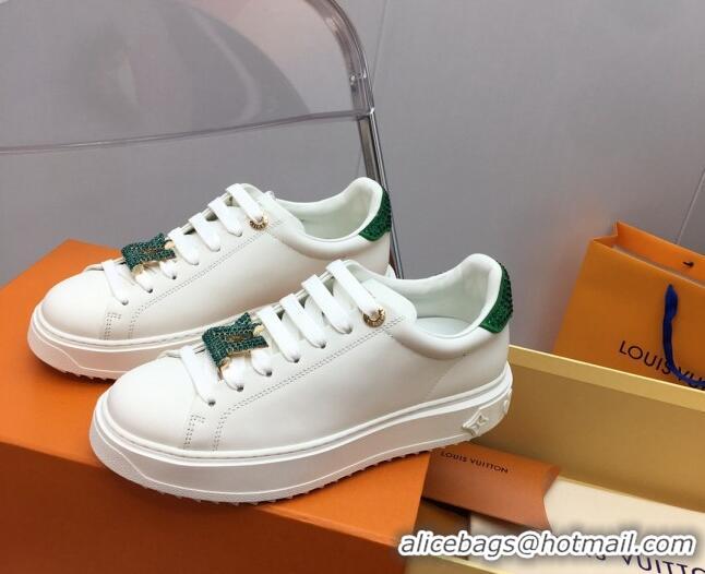 Good Looking Louis Vuitton Time Out Sneaker in White Leather with LV Charm and Crystals Green 3022878