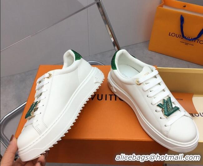 Good Looking Louis Vuitton Time Out Sneaker in White Leather with LV Charm and Crystals Green 3022878