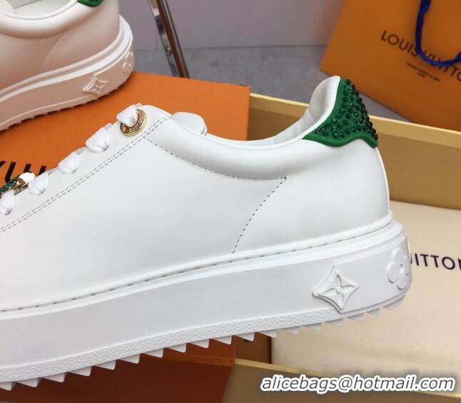 Good Looking Louis Vuitton Time Out Sneaker in White Leather with LV Charm and Crystals Green 3022878