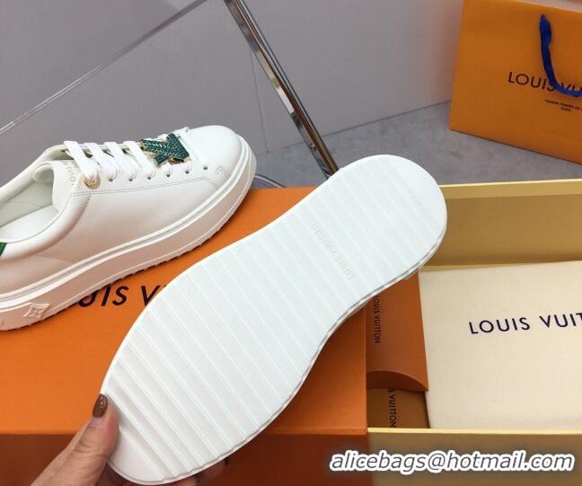 Good Looking Louis Vuitton Time Out Sneaker in White Leather with LV Charm and Crystals Green 3022878