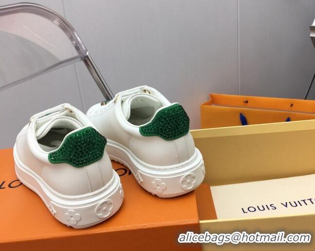 Good Looking Louis Vuitton Time Out Sneaker in White Leather with LV Charm and Crystals Green 3022878