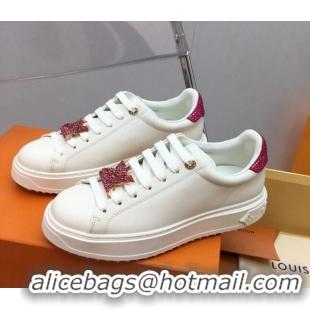 Good Quality Louis Vuitton Time Out Sneaker in White Leather with LV Charm and Crystals Pink 022879