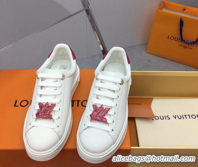 Good Quality Louis Vuitton Time Out Sneaker in White Leather with LV Charm and Crystals Pink 022879