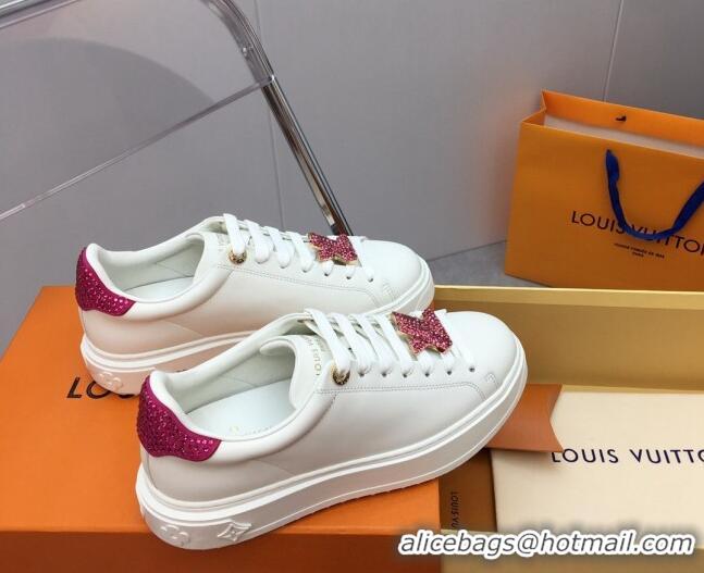 Good Quality Louis Vuitton Time Out Sneaker in White Leather with LV Charm and Crystals Pink 022879