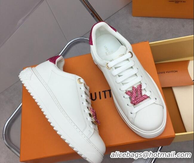 Good Quality Louis Vuitton Time Out Sneaker in White Leather with LV Charm and Crystals Pink 022879