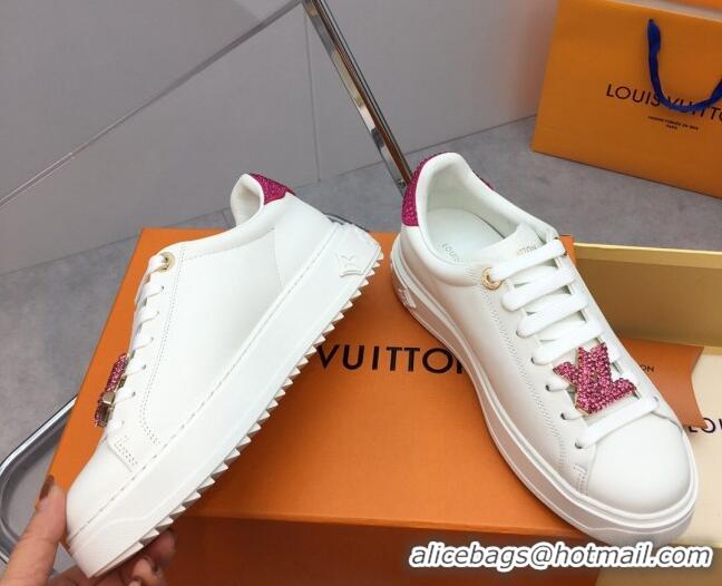 Good Quality Louis Vuitton Time Out Sneaker in White Leather with LV Charm and Crystals Pink 022879