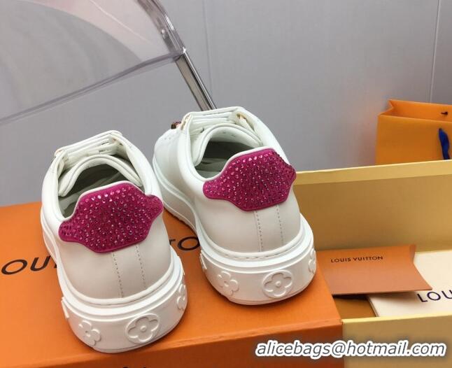 Good Quality Louis Vuitton Time Out Sneaker in White Leather with LV Charm and Crystals Pink 022879