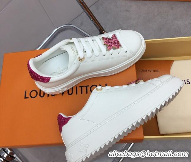 Good Quality Louis Vuitton Time Out Sneaker in White Leather with LV Charm and Crystals Pink 022879