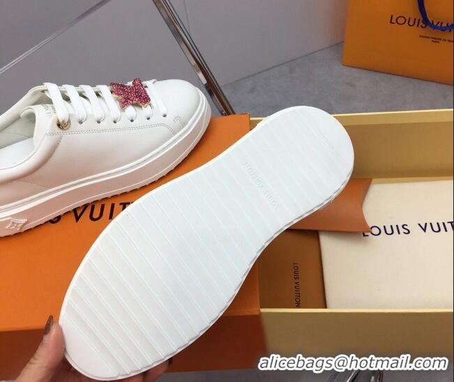 Good Quality Louis Vuitton Time Out Sneaker in White Leather with LV Charm and Crystals Pink 022879