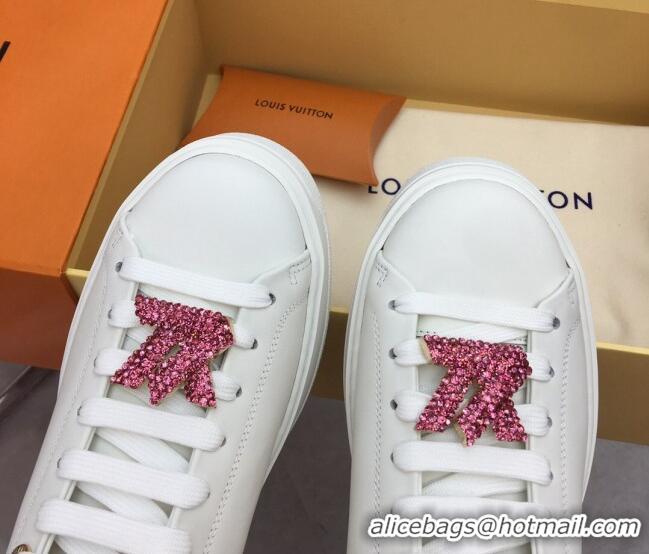 Good Quality Louis Vuitton Time Out Sneaker in White Leather with LV Charm and Crystals Pink 022879