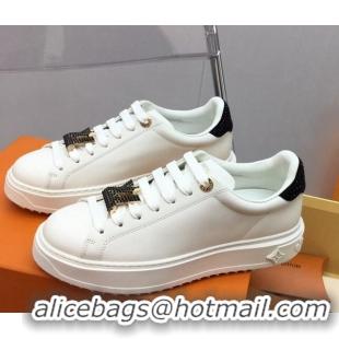 Unique Style Louis Vuitton Time Out Sneaker in White Leather with LV Charm and Crystals Black 022880