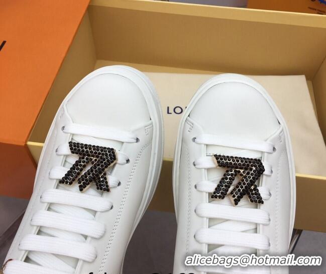 Unique Style Louis Vuitton Time Out Sneaker in White Leather with LV Charm and Crystals Black 022880