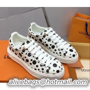 Luxury Louis Vuitton LV x YK Time Out Sneaker in White Leather with Black Dots Print 022881