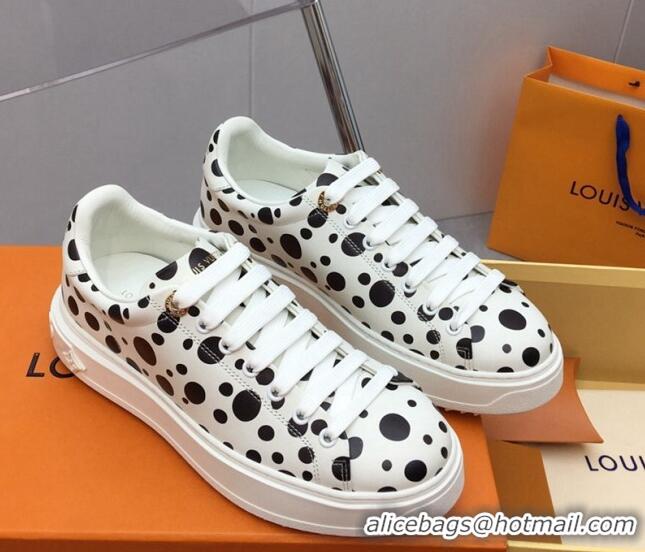 Luxury Louis Vuitton LV x YK Time Out Sneaker in White Leather with Black Dots Print 022881