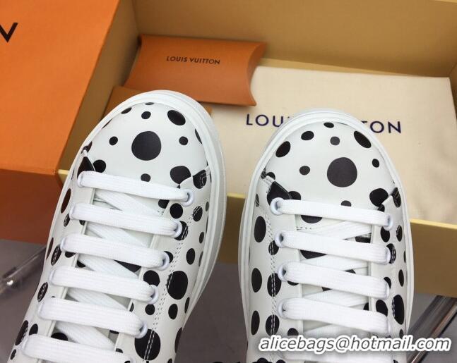 Luxury Louis Vuitton LV x YK Time Out Sneaker in White Leather with Black Dots Print 022881