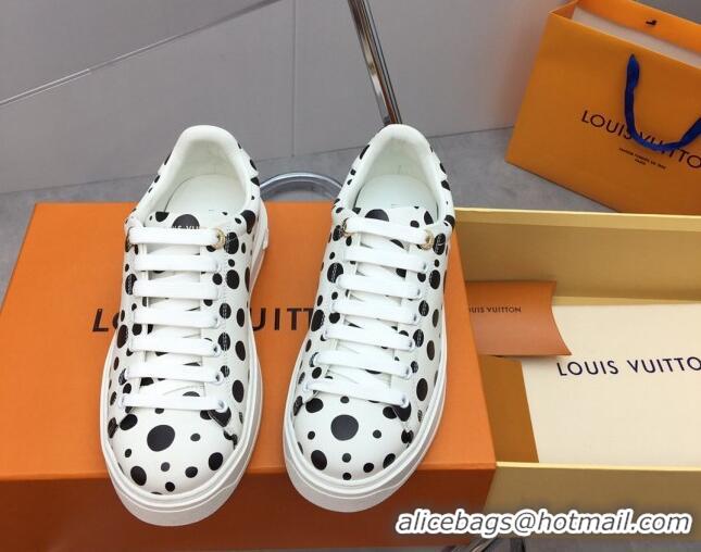 Luxury Louis Vuitton LV x YK Time Out Sneaker in White Leather with Black Dots Print 022881