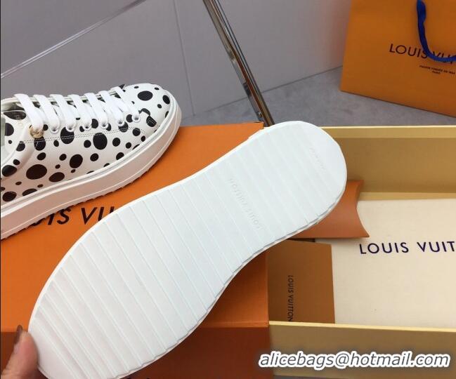 Luxury Louis Vuitton LV x YK Time Out Sneaker in White Leather with Black Dots Print 022881