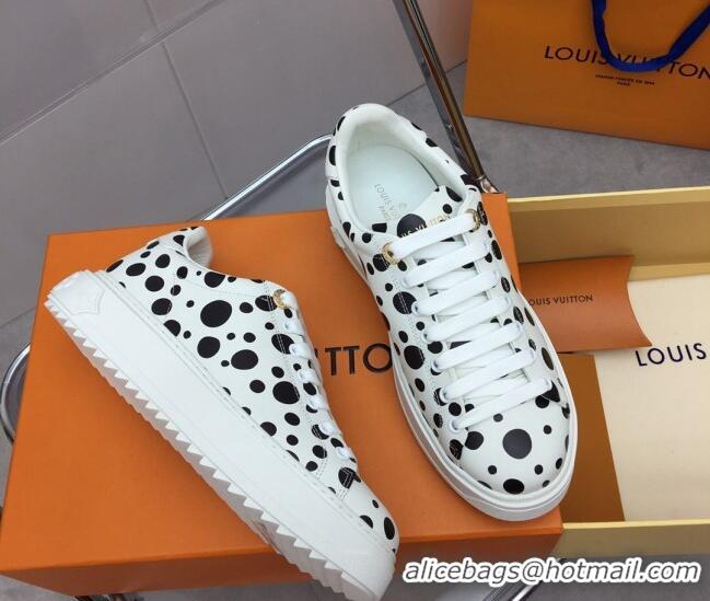 Luxury Louis Vuitton LV x YK Time Out Sneaker in White Leather with Black Dots Print 022881