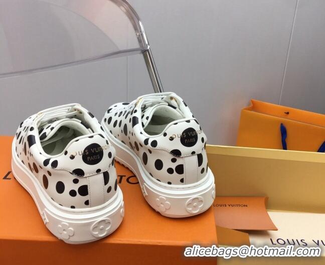 Luxury Louis Vuitton LV x YK Time Out Sneaker in White Leather with Black Dots Print 022881