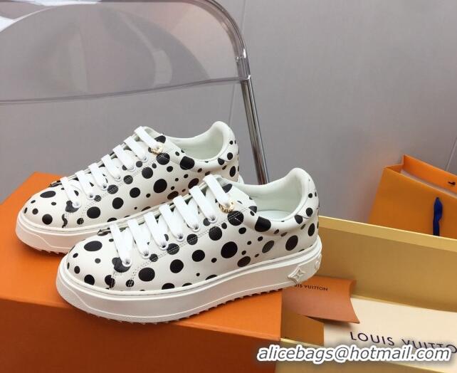 Luxury Louis Vuitton LV x YK Time Out Sneaker in White Leather with Black Dots Print 022881