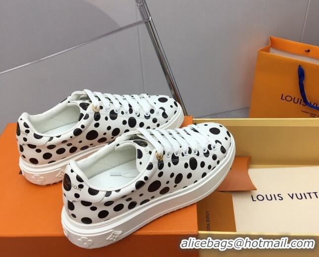 Luxury Louis Vuitton LV x YK Time Out Sneaker in White Leather with Black Dots Print 022881