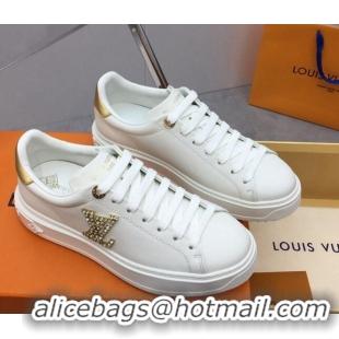 Good Product Louis Vuitton Time Out Sneaker in White Leather with Crystal LV Gold 3022882