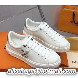 Stylish Louis Vuitton Time Out Sneaker in White Leather with Crystal LV Silver 022883