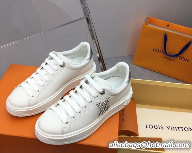 Stylish Louis Vuitton Time Out Sneaker in White Leather with Crystal LV Silver 022883