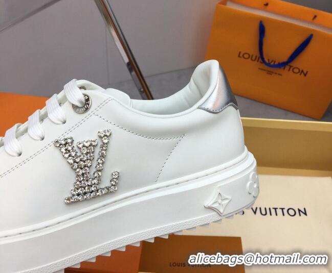 Stylish Louis Vuitton Time Out Sneaker in White Leather with Crystal LV Silver 022883