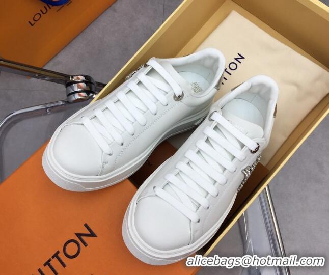 Stylish Louis Vuitton Time Out Sneaker in White Leather with Crystal LV Silver 022883