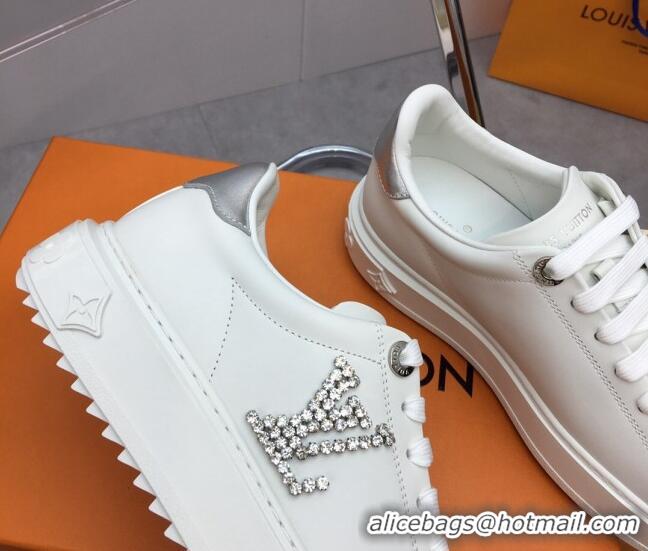 Stylish Louis Vuitton Time Out Sneaker in White Leather with Crystal LV Silver 022883