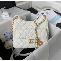 Promotional Chanel HOBO HANDBAG Grained Shiny Calfskin & Gold-Tone Metal AS3690 WHITE