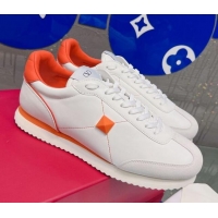 Sumptuous Valentino One Stud Sneakers in Silk Calfskin and Suede White/Orange 2120331