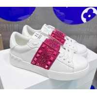 Hot Style Valentino Open Skate Calfskin Sneakers with Crystal White/Pink 122479