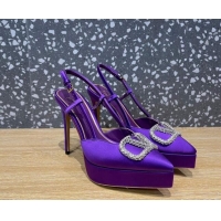 Duplicate Valentino Crystal VLogo Silk Platform Slingback Pumps 10.3cm Purple 020961