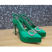 Sophisticated Valentino Crystal VLogo Silk Platform Slingback Pumps 10.3cm Green 020962