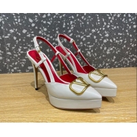 Classic Hot Valentino Metal VLogo Lambskin Platform Slingback Pumps 10.3cm White 020967